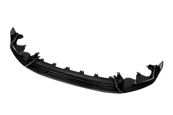 A sleek black carbon fiber car rear diffuser with mounting brackets is displayed on a plain white background, showcasing its aerodynamic design and textured finish.