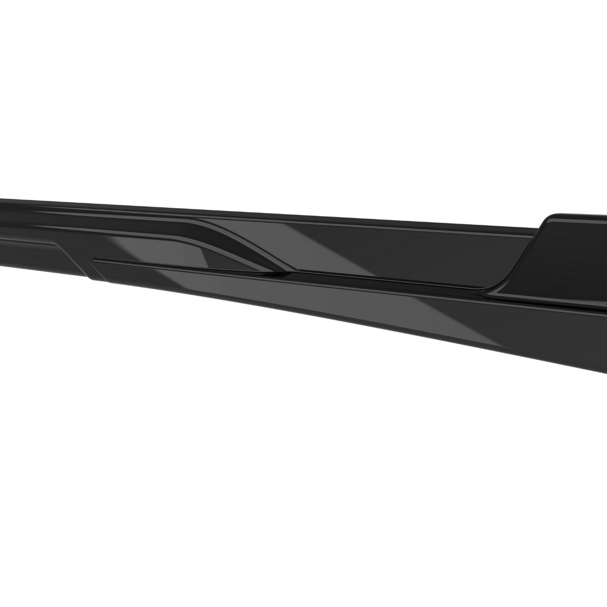 A sleek, black, elongated vehicle side skirt with angular design details, positioned against a plain white background.