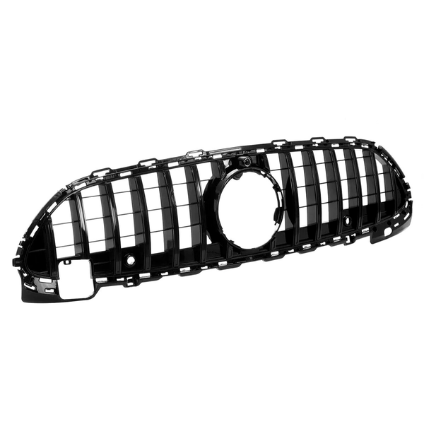 A black car grille with vertical slats features a central circular opening, set against a plain white background, designed for vehicle front-end aesthetics and ventilation.