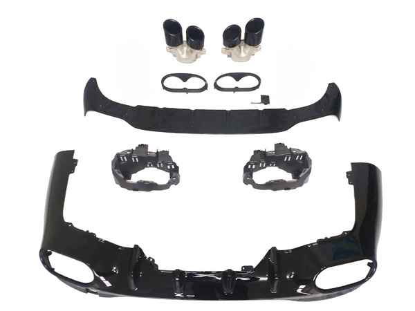Car bumper components laid out, showcasing black aerodynamic parts, dual exhaust tips, and mounting brackets on a white background, arranged for assembly display.