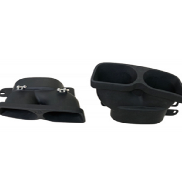 Two black plastic intake ducts, one with silver clasps, rest side by side. The curved surfaces feature twin openings, set against a plain white background.