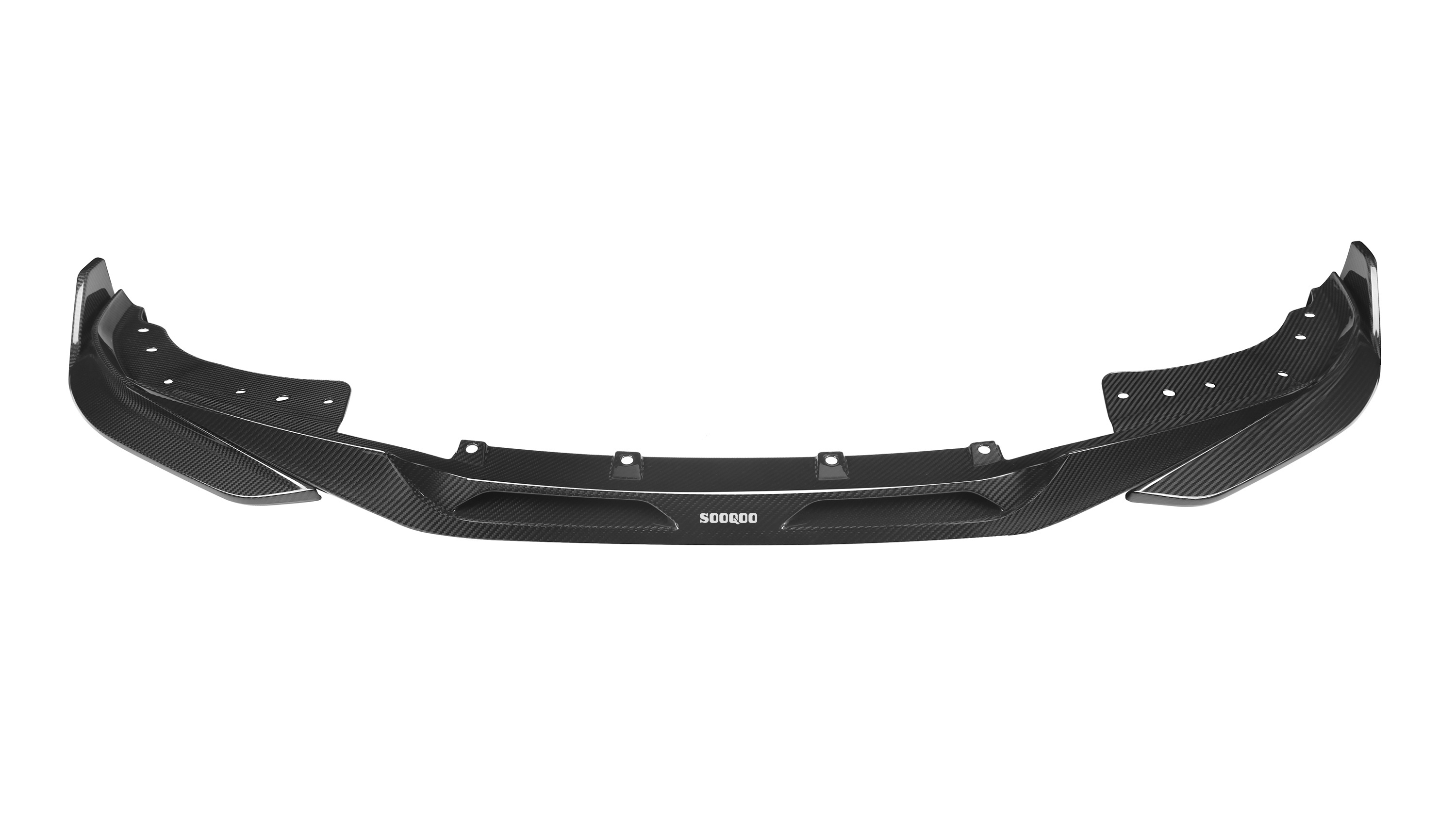 A black carbon fiber car front splitter features aerodynamic lines and mounting holes. The text "SOOQOO" is printed in white at the center. Predominantly displayed against a white background.