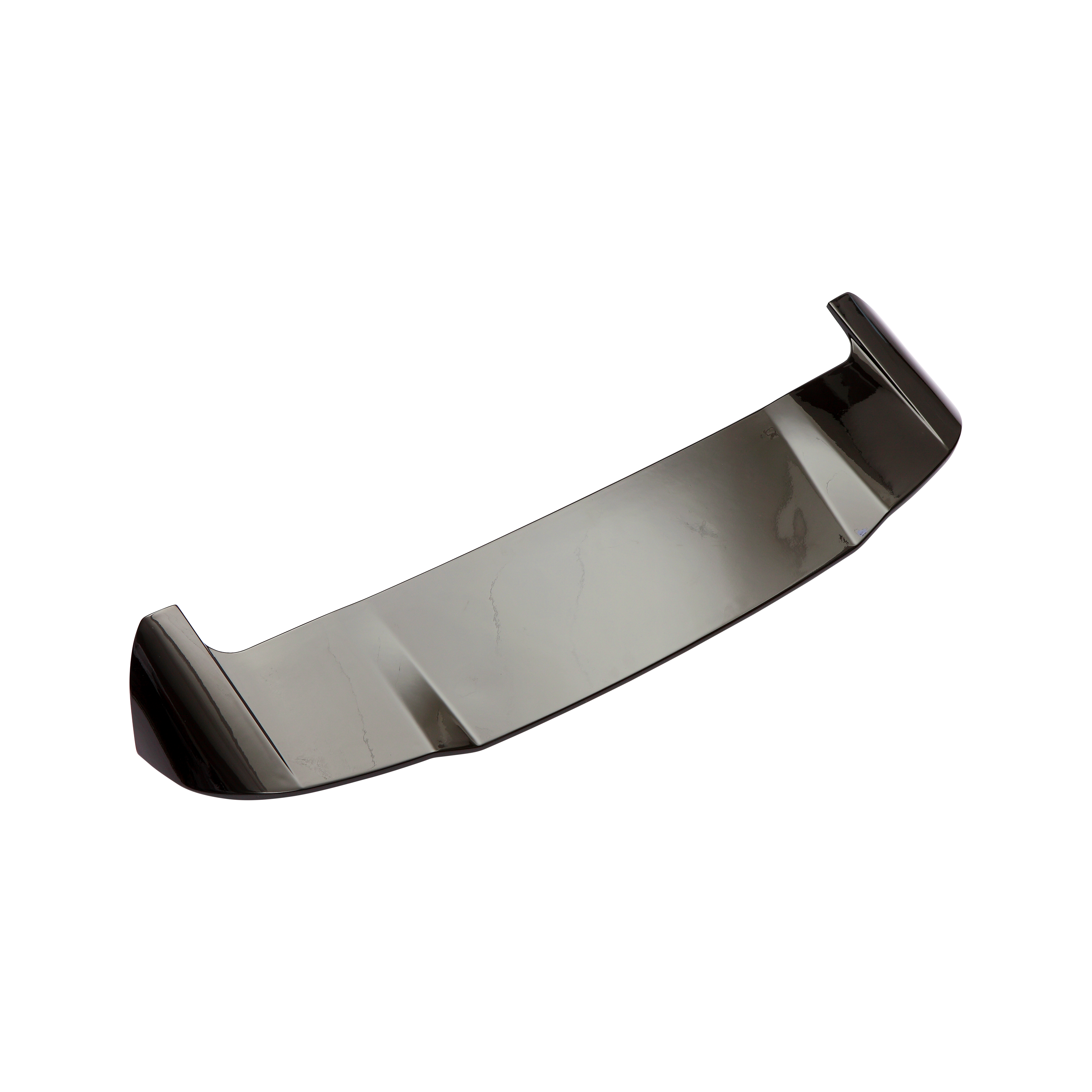 A sleek, black car spoiler with curved edges sits isolated on a white background, displaying a glossy finish and aerodynamic design.