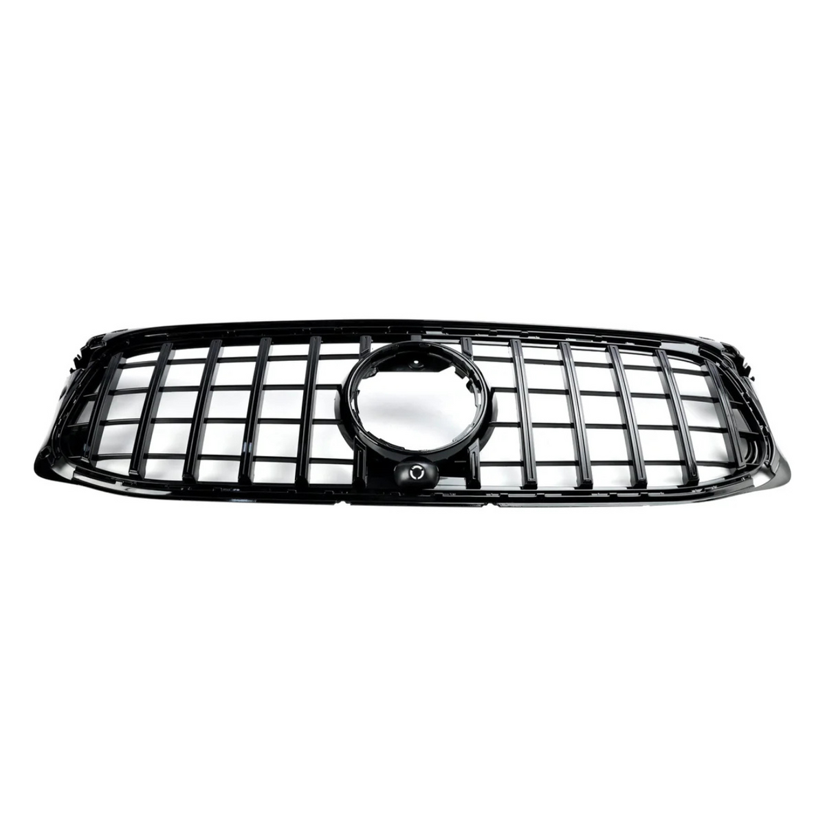 A black car grille featuring a grid pattern and a central circular emblem holder is isolated against a white background, highlighting its sleek design.