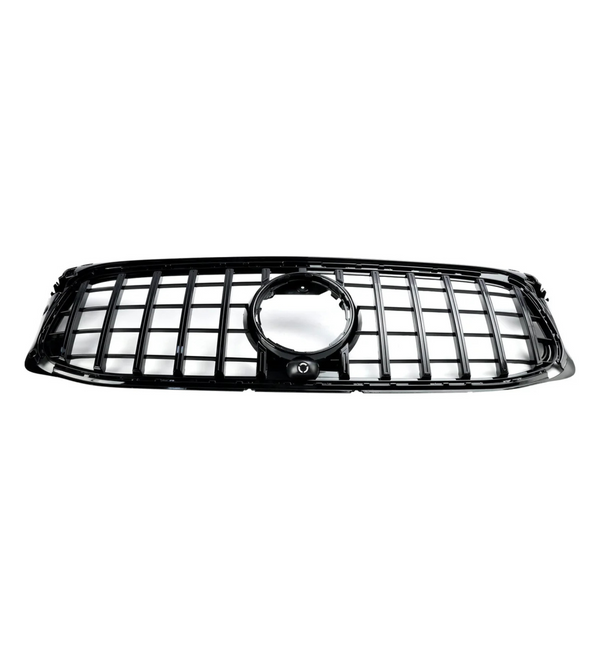 A black car grille featuring a grid pattern and a central circular emblem holder is isolated against a white background, highlighting its sleek design.