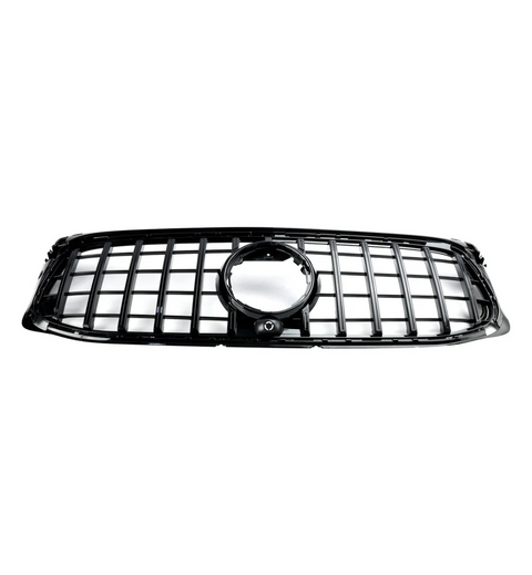 A black car grille featuring a grid pattern and a central circular emblem holder is isolated against a white background, highlighting its sleek design.