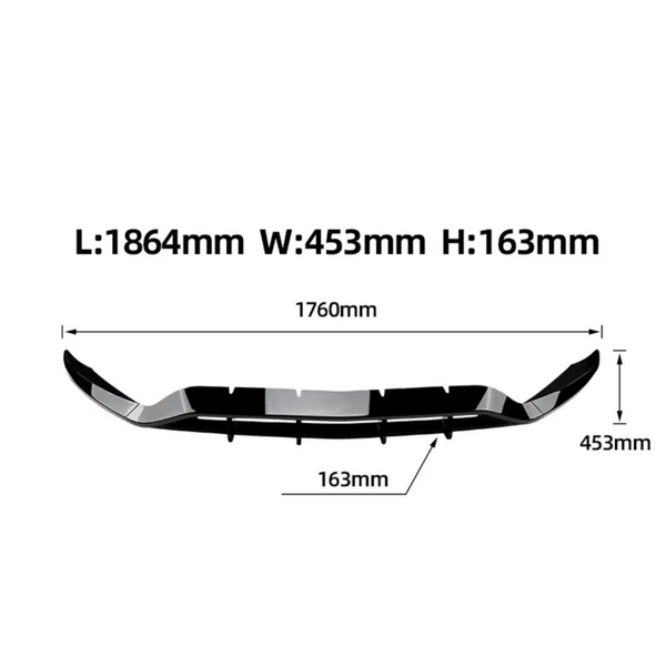 A black car spoiler is displayed with dimensions labeled: Length 1864mm, Width 453mm, Height 163mm. The image shows a frontal view, emphasizing its curves and aerodynamic features.
