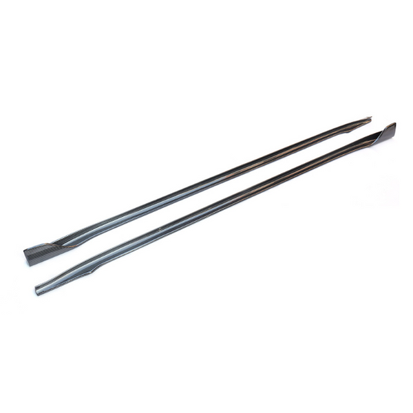 Two long, slender metal tools with flat, angled ends lie parallel on a white surface, designed for prying or lifting tasks in mechanical or construction contexts.
