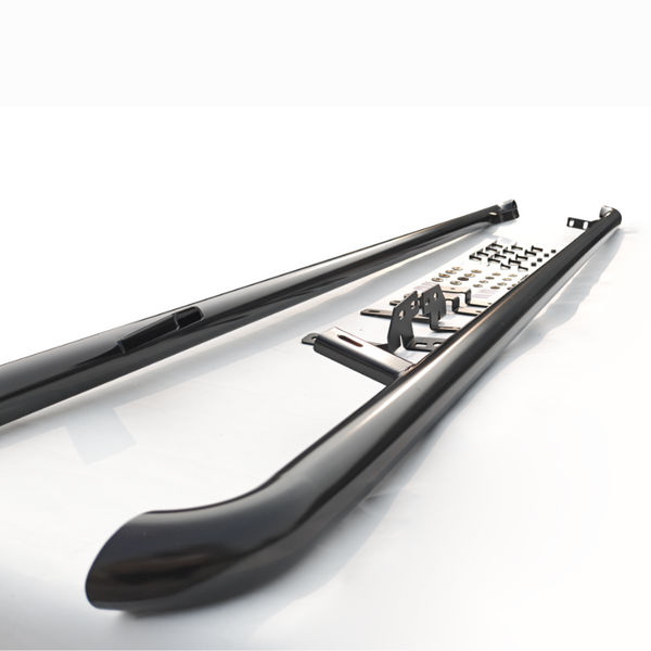 Two black metal side steps lay on a white surface, accompanied by multiple small brackets and hardware pieces, arranged neatly between the steps. They are designed for vehicle installation.