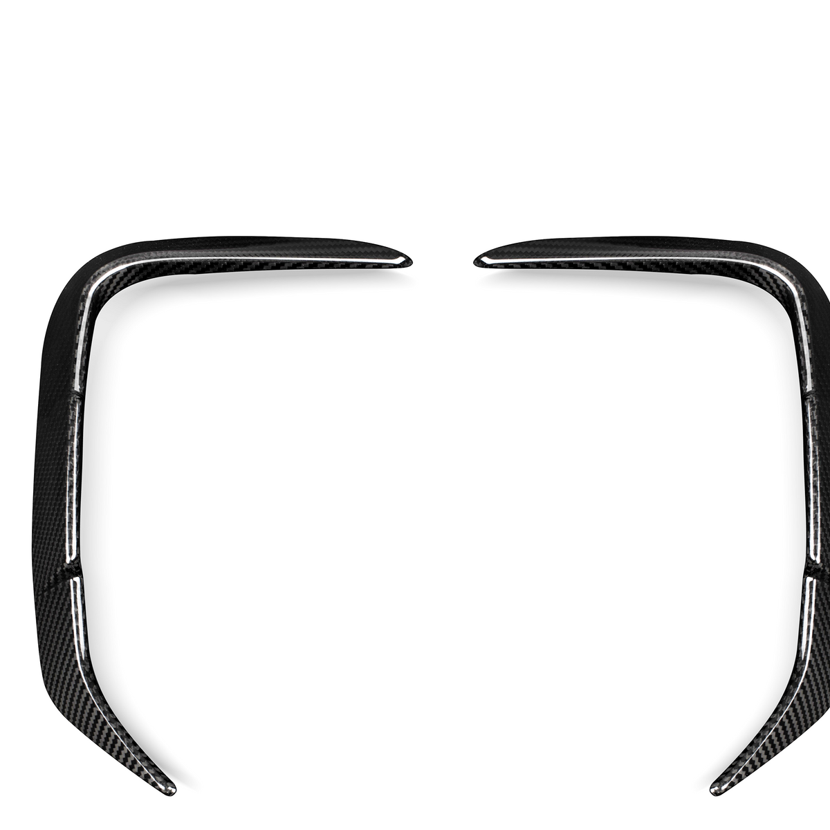 Two carbon fiber, L-shaped car trim pieces are arranged symmetrically, facing each other, against a plain white background.
