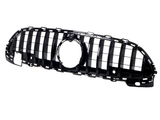 A black car grille with vertical and horizontal slats forms a grid pattern, featuring a central circular opening. The grille is isolated on a white background.