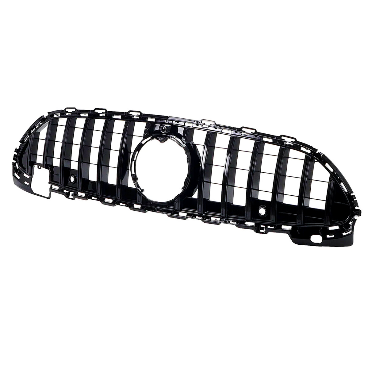 A black car grille with vertical and horizontal slats forms a grid pattern, featuring a central circular opening. The grille is isolated on a white background.