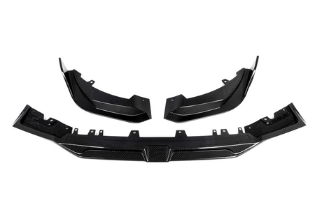 Three carbon fiber car parts are arranged symmetrically on a white background. The sleek components feature bolt holes, indicating their purpose for vehicle assembly or enhancement.