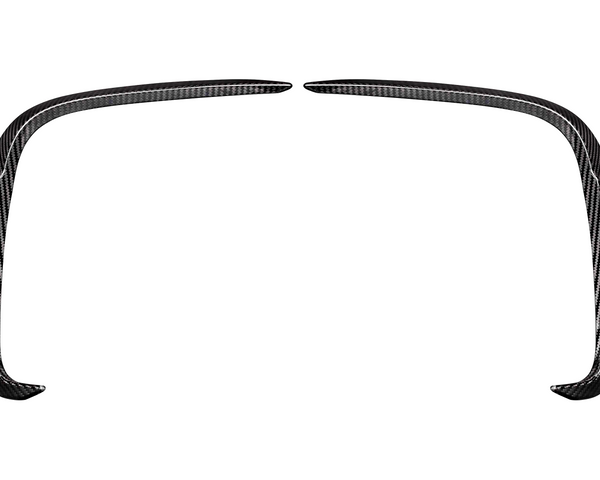 Curved carbon fiber car trim pieces are positioned symmetrically on a white background, likely for decorative or aerodynamic enhancement.