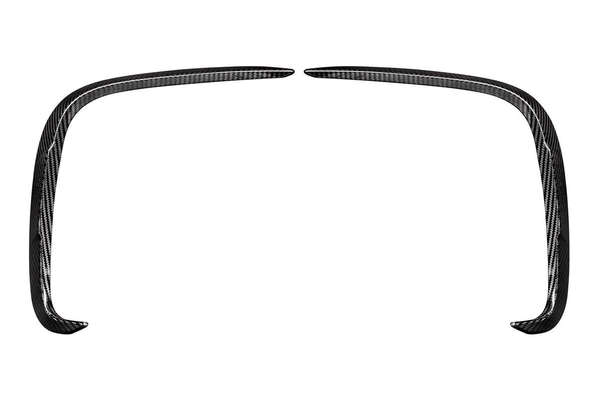 Curved carbon fiber car trim pieces are positioned symmetrically on a white background, likely for decorative or aerodynamic enhancement.