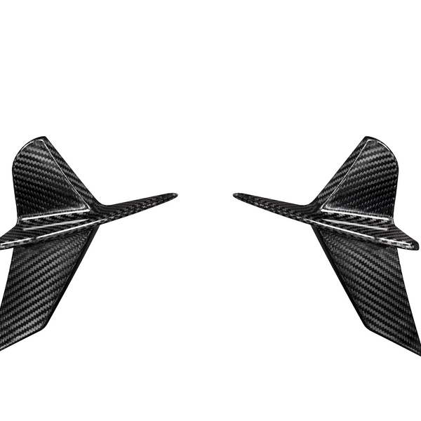 Two carbon fiber airplane-shaped figures pointing inward, each with angled wings and fins, set against a plain white background.