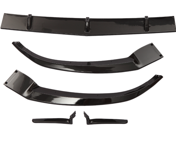 Five glossy black car spoiler components are laid on a white background. They vary in size and shape, indicating they are parts of a vehicle aerodynamic kit.