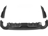 Carbon fiber car body kit components, including a rear diffuser and side wings, laid out on a white background for display.