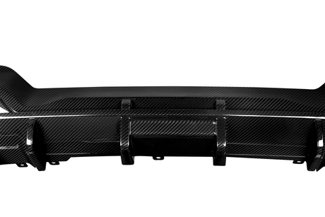 A black carbon fiber car diffuser, featuring multiple vertical fins, sits isolated against a plain white background, emphasizing its sleek, aerodynamic design.