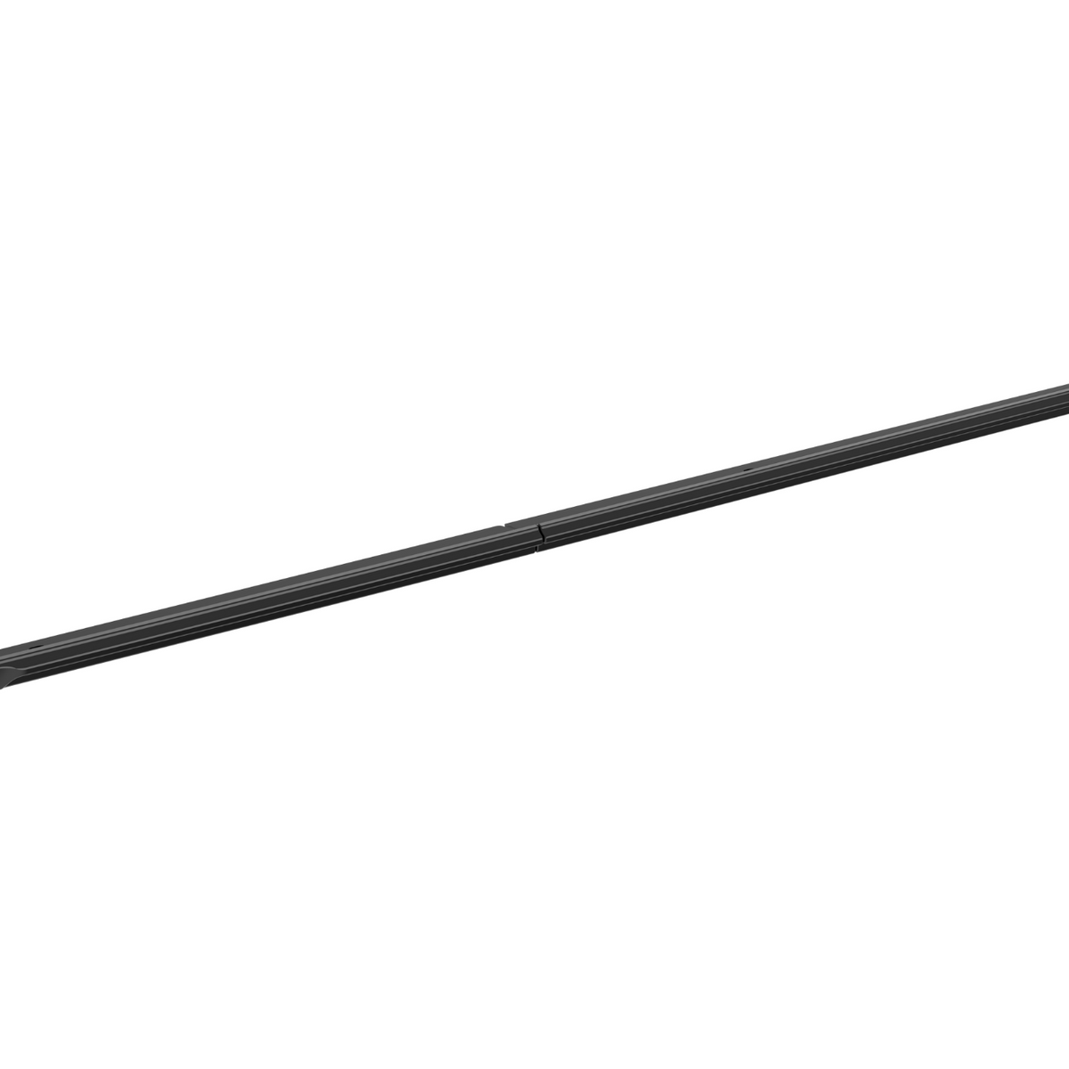 A long, slender, black metal bar is positioned diagonally against a plain white background. It appears segmented, designed for connecting or supporting structures.