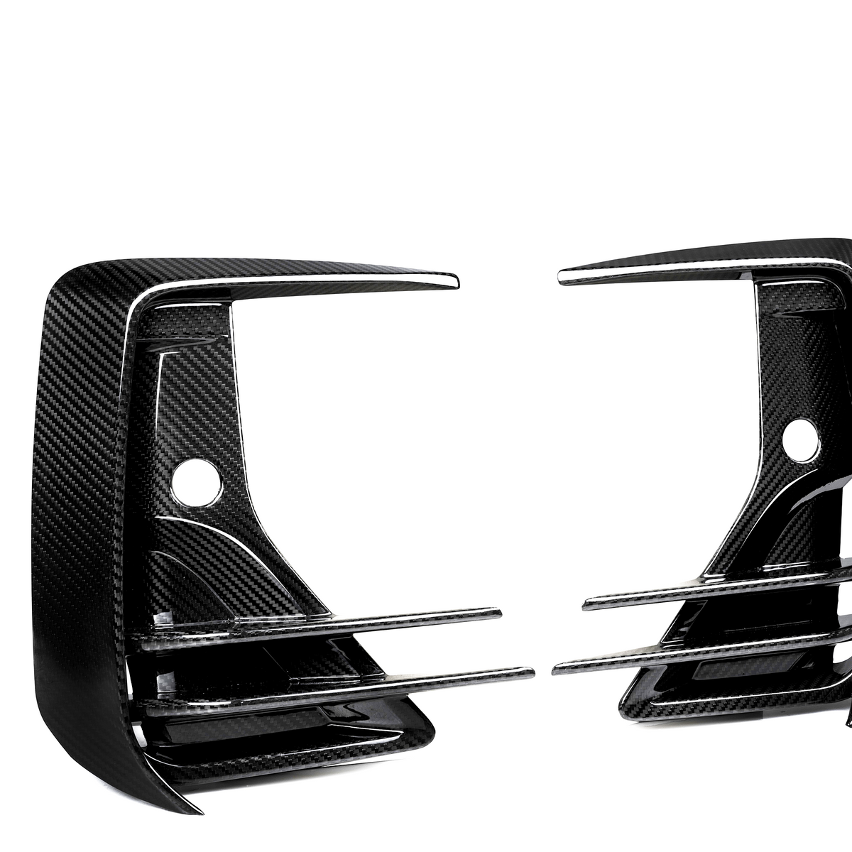 Two black carbon fiber car grille inserts with horizontal slats are positioned next to each other against a white background.