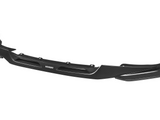 A black carbon fiber car front spoiler with aerodynamic vents and mounting holes, labeled 