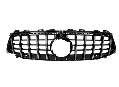 A black car grille with vertical slats and a central circular emblem area is set against a plain white background.