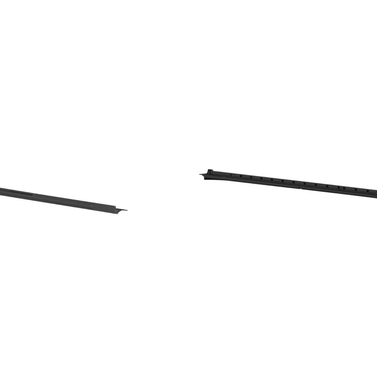 Two elongated, dark-colored plastic or metal pieces are shown against a white background. They appear parallel, featuring small protrusions or clips along their lengths, likely designed for assembly or support.