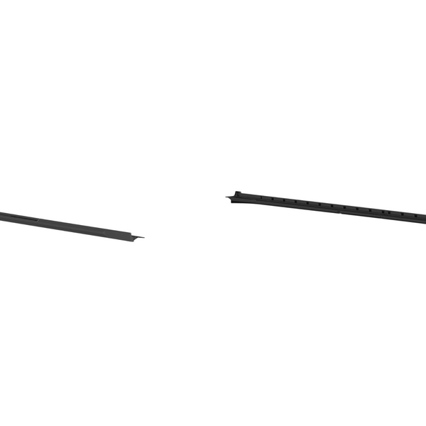 Two elongated, dark-colored plastic or metal pieces are shown against a white background. They appear parallel, featuring small protrusions or clips along their lengths, likely designed for assembly or support.