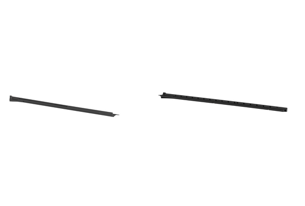 Two elongated, dark-colored plastic or metal pieces are shown against a white background. They appear parallel, featuring small protrusions or clips along their lengths, likely designed for assembly or support.