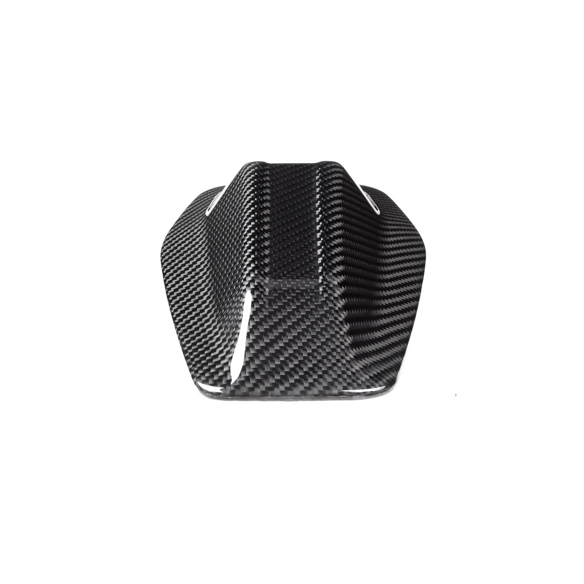A sleek, black carbon fiber object with a streamlined, angular shape sits against a plain white background, suggesting a component for a vehicle or machinery.
