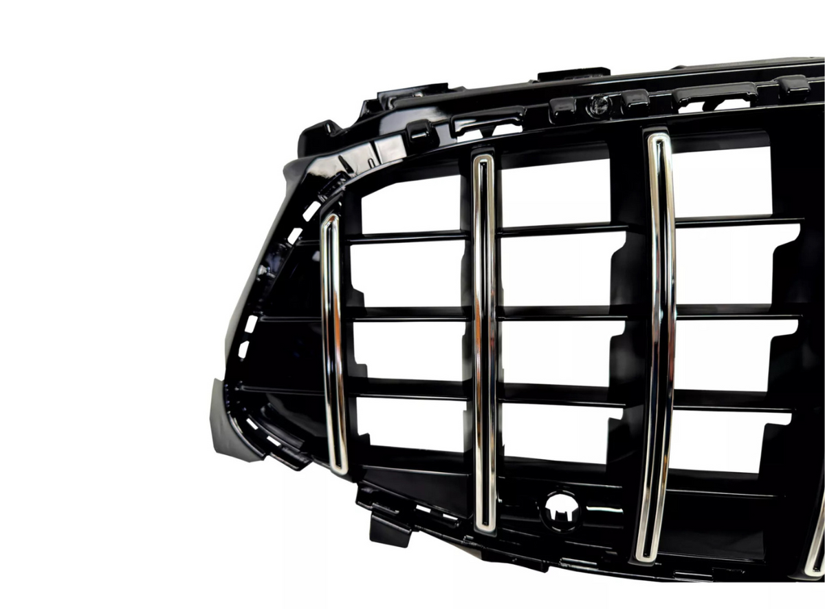 A black car grille with vertical and horizontal chrome bars is displayed against a white background, showcasing its sleek and modern design for vehicle front-end styling.