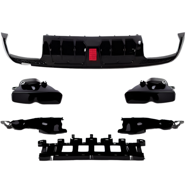 Black automotive parts including a front bumper and grille are arranged against a white background, displayed separately for clarity and detail.