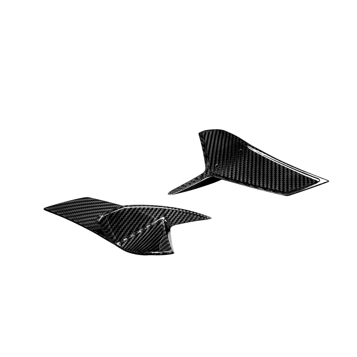Two black carbon fiber fins rest on a white background, showcasing their textured, glossy surface.