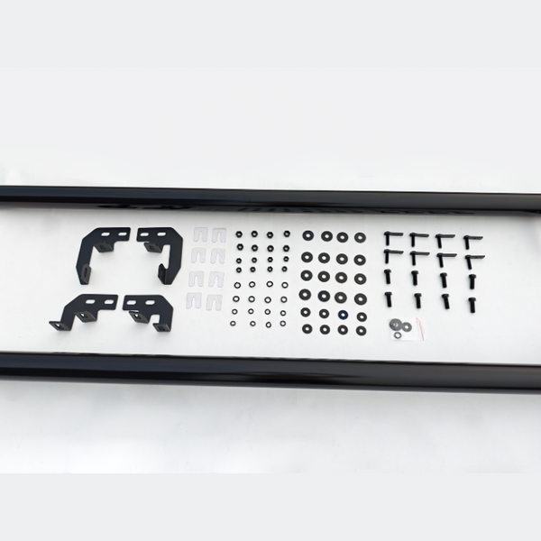 A collection of black metal brackets, screws, and washers is neatly arranged on a white surface, suggesting an assembly kit or hardware package.