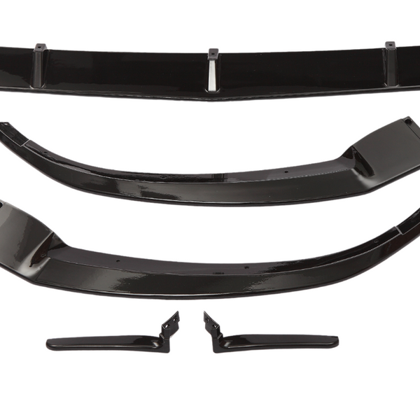 Four black car parts, including a long bar and curved pieces, are arranged separately on a white background, suggesting components for assembly or installation.