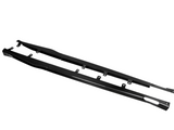 Two long, black carbon fiber side skirts lie flat with mounting brackets, displayed against a plain white background.