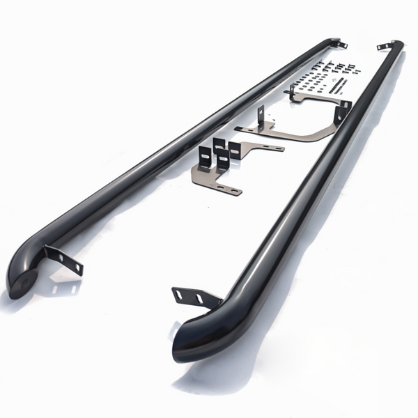 Black metal side steps are laid out with mounting brackets and assembly instructions, resting on a white surface.