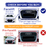 Car grilles are compared: Facelift (2015-2018) with a larger hexagonal shape, Pre-Facelift (2010-2014) with smaller, rectangular shape; text emphasizes compatibility. "
