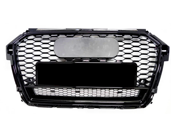 A hexagonal-patterned car grille with a glossy black frame sits against a white background. Two rectangular areas are prominently inset, likely for branding or license placement.
