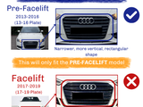 Car grilles are compared: 
 
 **Pre-Facelift (2013-2016, 13-16 Plate):** Narrower, vertical, rectangular grille. 