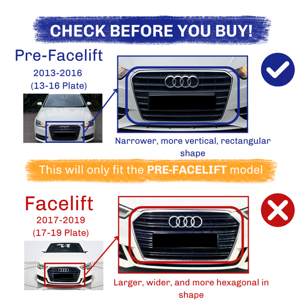 Car grilles are compared: 
 
 **Pre-Facelift (2013-2016, 13-16 Plate):** Narrower, vertical, rectangular grille. "This will only fit the PRE-FACELIFT model."
 
 **Facelift (2017-2019, 17-19 Plate):** Larger, wider, hexagonal grille. 
 
 Text: "