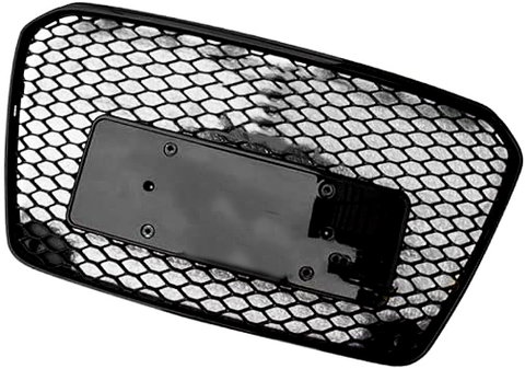 A black car grille with a hexagonal mesh pattern and an attached rectangular mounting plate on the back, suitable for securing the grille to a vehicle.