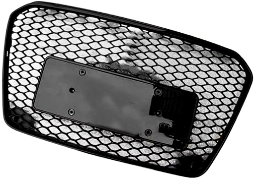 A black car grille with a hexagonal mesh pattern and an attached rectangular mounting plate on the back, suitable for securing the grille to a vehicle.