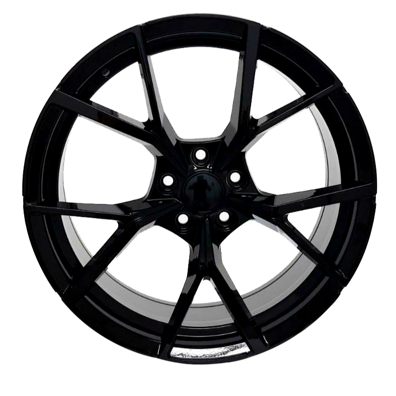 A black, multi-spoke alloy wheel is displayed against a white background, highlighting its sleek, modern design and glossy finish.