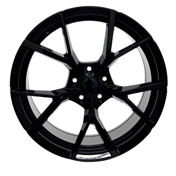 A black, multi-spoke alloy wheel is displayed against a white background, highlighting its sleek, modern design and glossy finish.