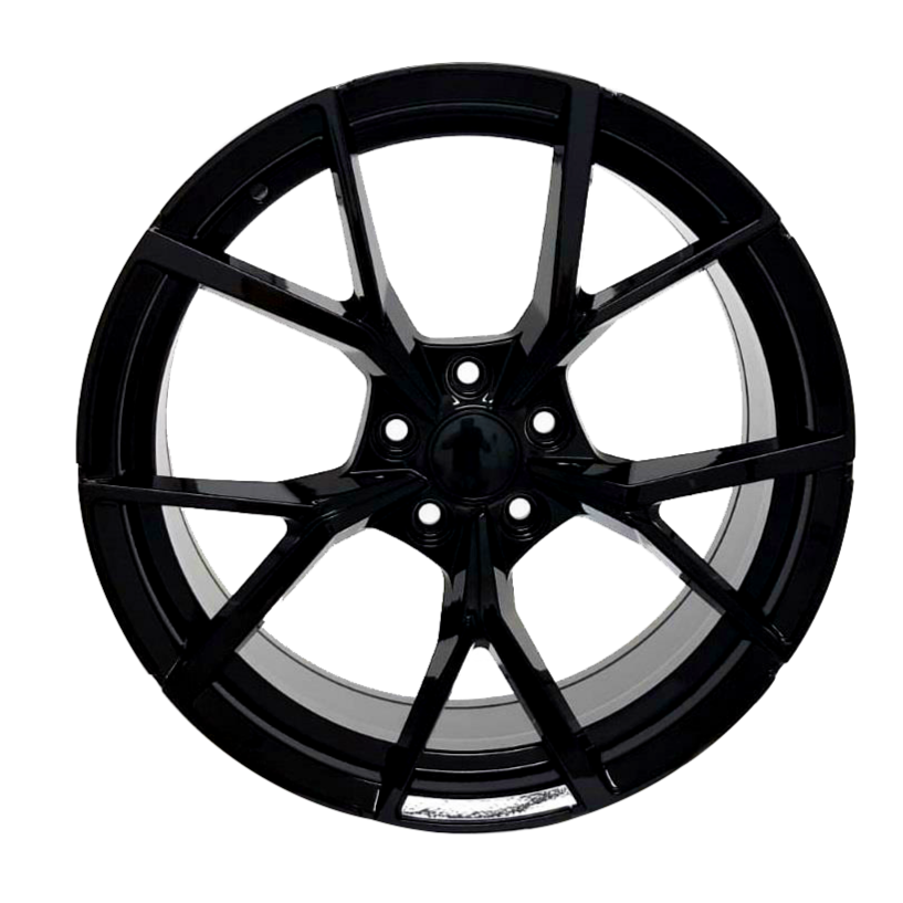 A glossy black alloy wheel with a multi-spoke design, symmetrically arranged, against a plain white background, showcasing its sleek and modern appearance.