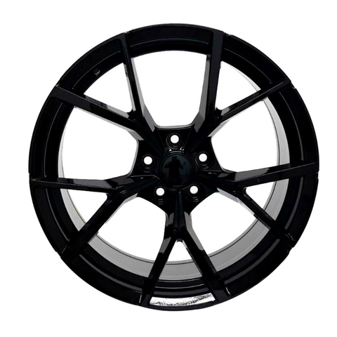 A glossy black alloy wheel with a multi-spoke design, symmetrically arranged, against a plain white background, showcasing its sleek and modern appearance.