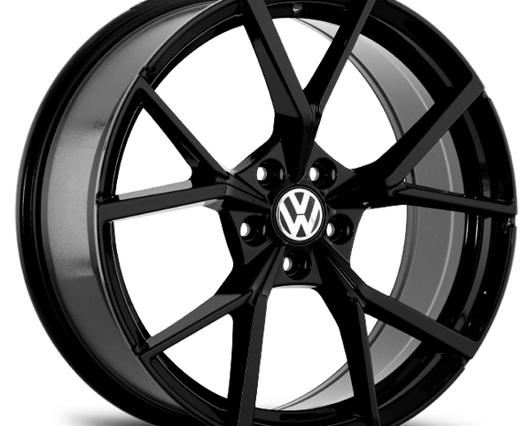A black alloy wheel with a glossy finish prominently displays the Volkswagen logo at its center; it has five large, split spokes, viewed against a plain white background.