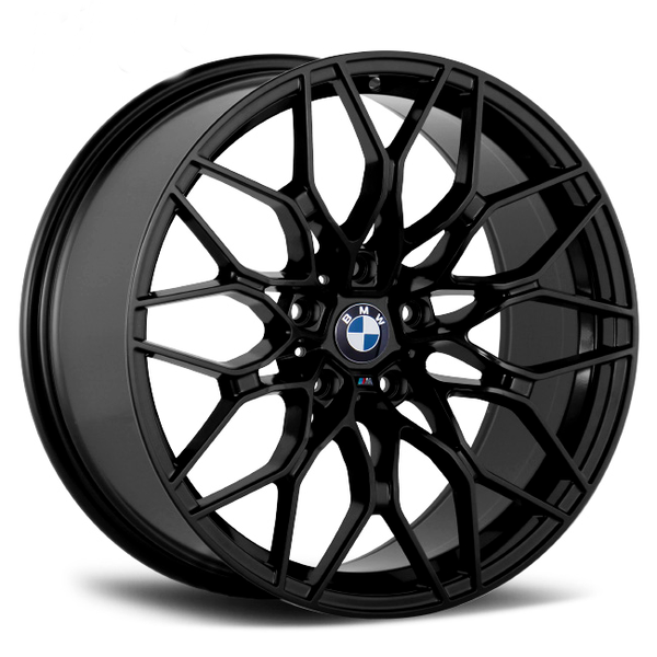 A black, multi-spoke alloy wheel with the BMW logo at the center, displayed against a white background.